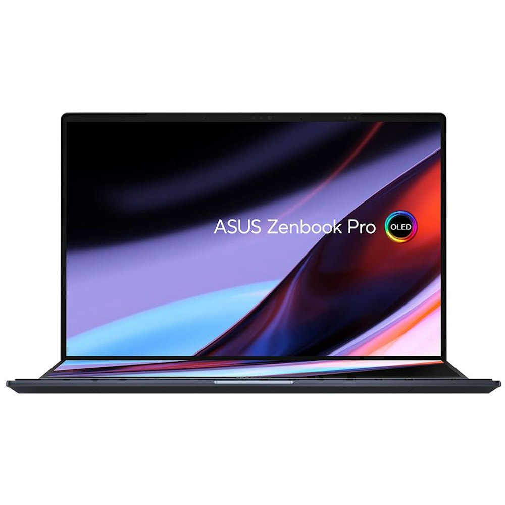 A large main feature product image of ASUS Zenbook Pro Duo OLED (UX8402) - 14.5" 120Hz, 13th Gen i9, RTX 4050, 32GB/1TB - Win 11 Pro Notebook 