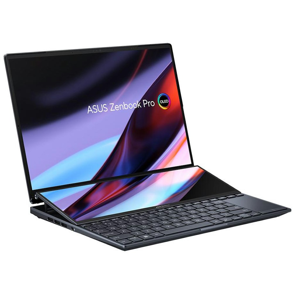 A large main feature product image of ASUS Zenbook Pro Duo OLED (UX8402) - 14.5" 120Hz, 13th Gen i9, RTX 4050, 32GB/1TB - Win 11 Pro Notebook 