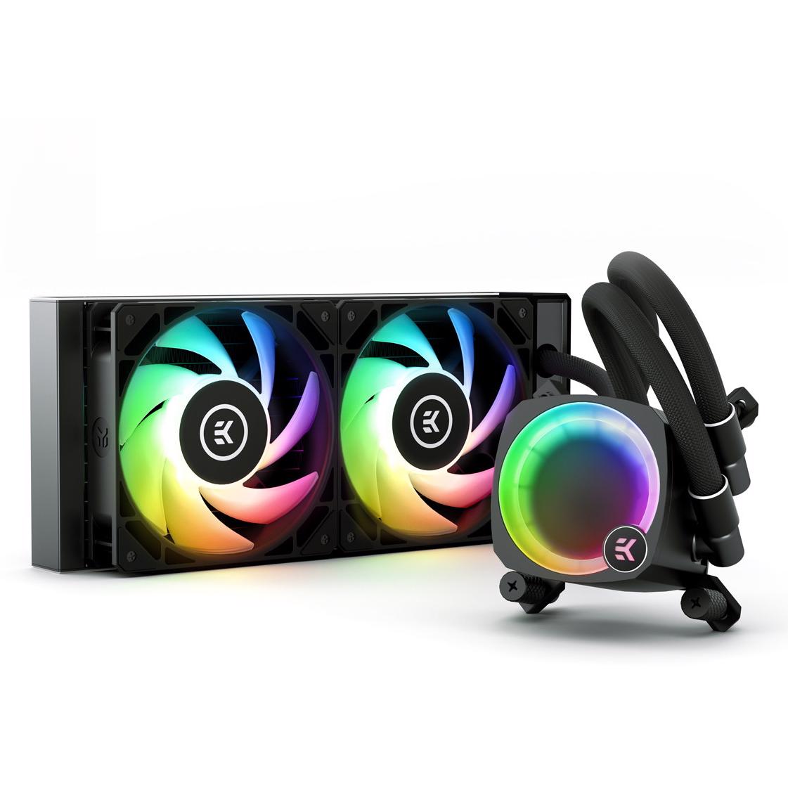 A large main feature product image of EK Nucleus AIO CR240 Lux D-RGB 240mm Liquid CPU Cooler (Black)