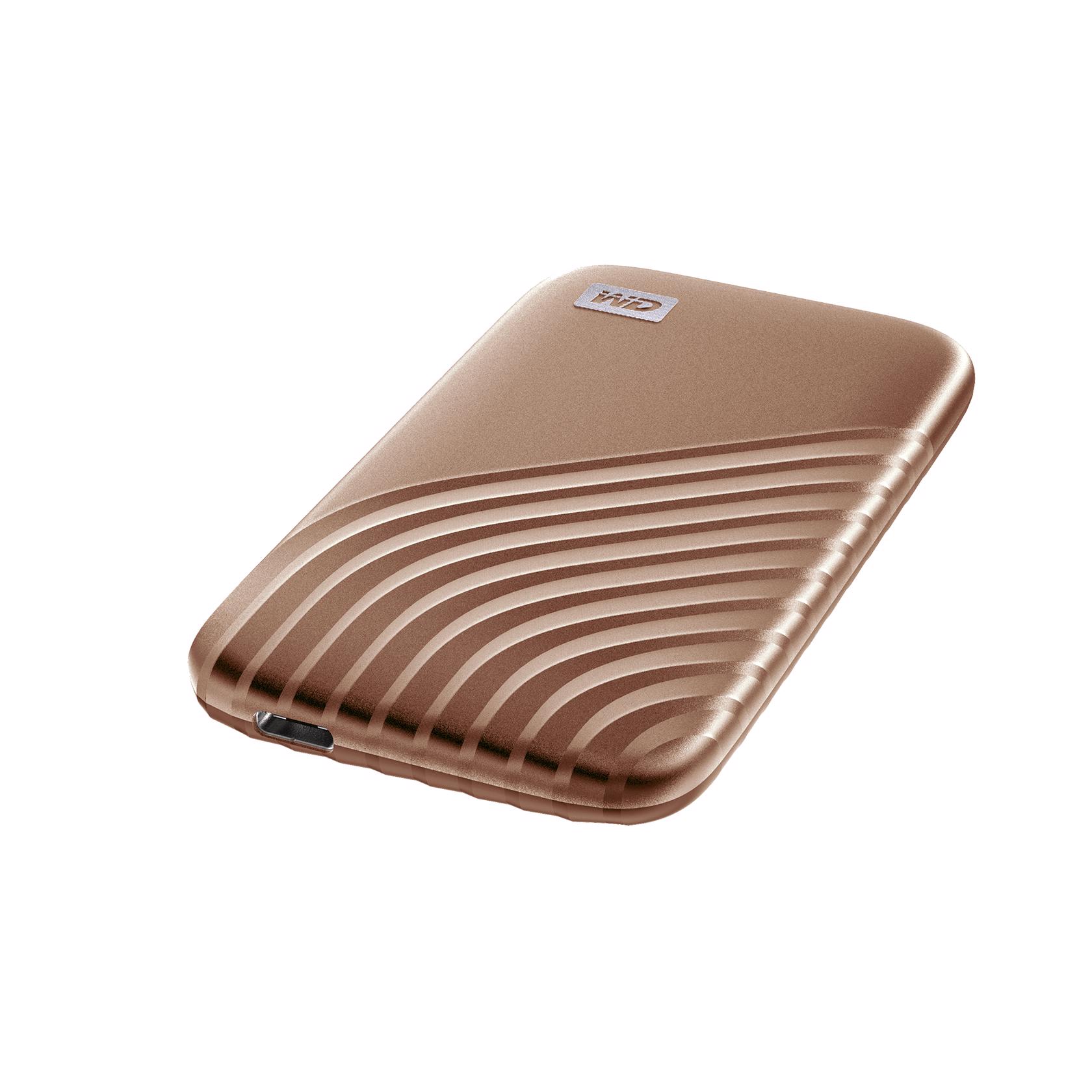 A large main feature product image of WD My Passport Portable SSD - 1TB Gold
