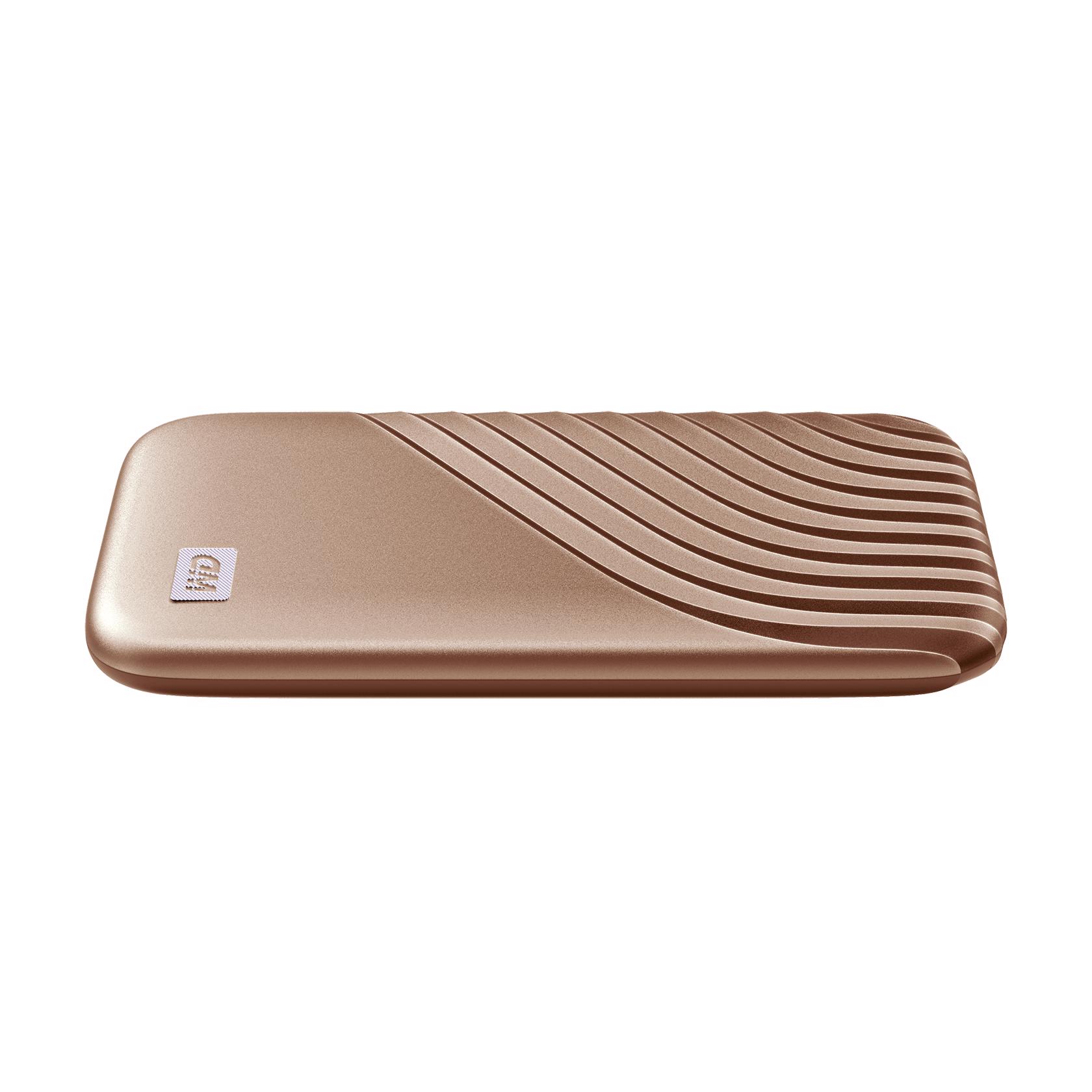 A large main feature product image of WD My Passport Portable SSD - 1TB Gold