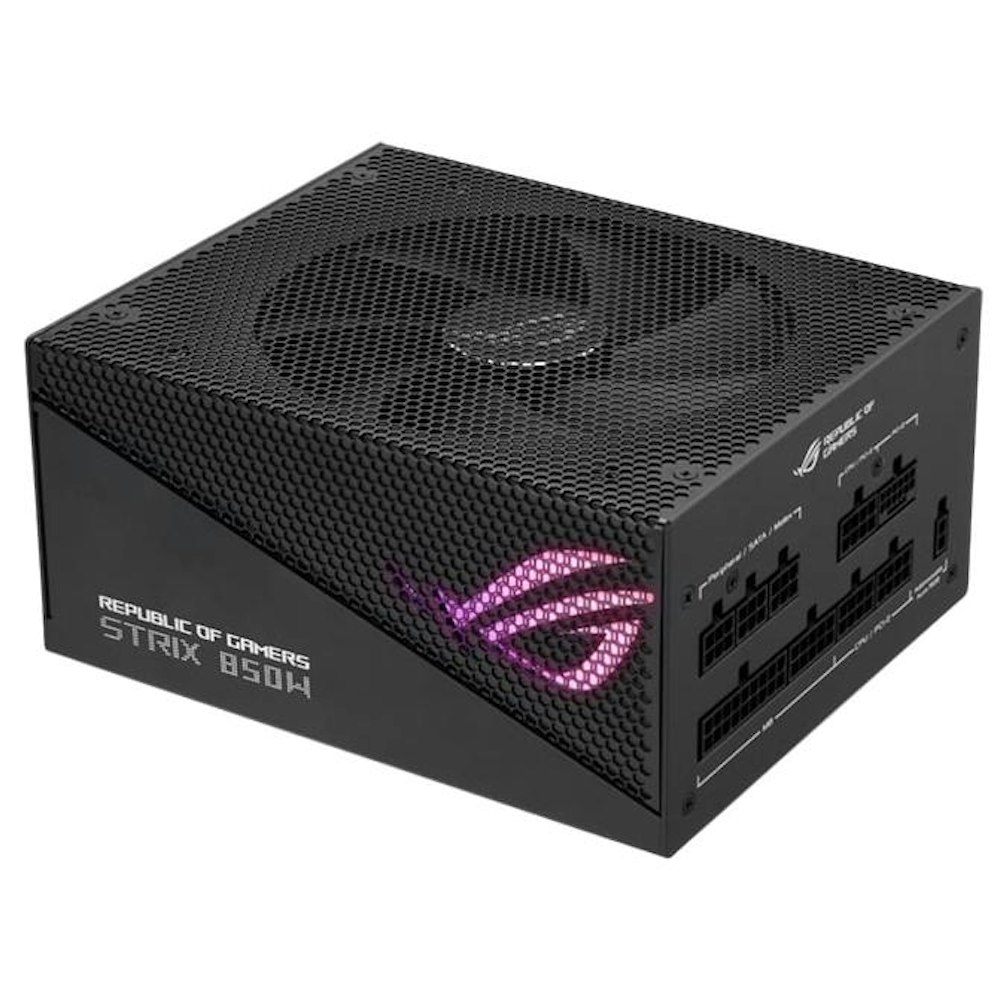 A large main feature product image of ASUS ROG Strix Aura Edition 850W Gold PCIe 5.0 ATX Modular PSU