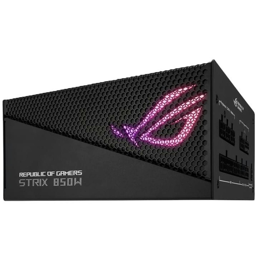 A large main feature product image of ASUS ROG Strix Aura Edition 850W Gold PCIe 5.0 ATX Modular PSU