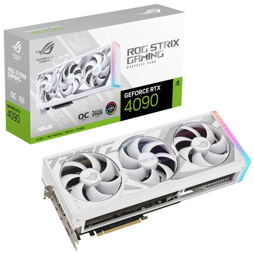 A large main feature product image of ASUS GeForce RTX 4090 ROG Strix OC 24GB GDDR6X - White