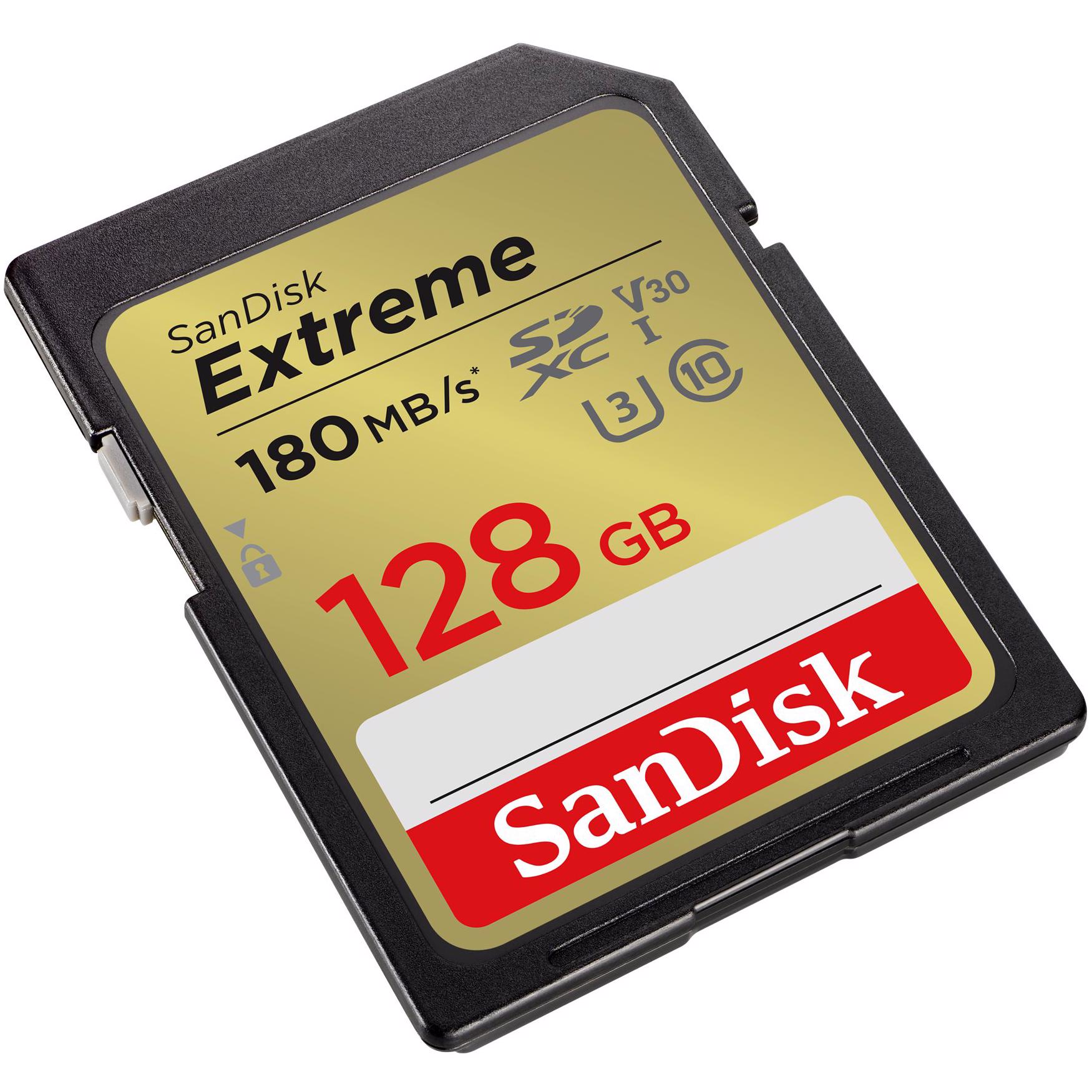 A large main feature product image of SanDisk Extreme SDXC U3 V30 UHS-I SD Card - 128GB