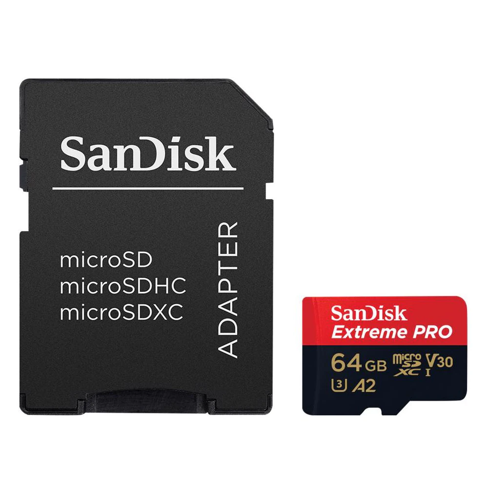 A large main feature product image of SanDisk Extreme PRO microSDXC U3 V30 A2 UHS-I microSD Card - 64GB