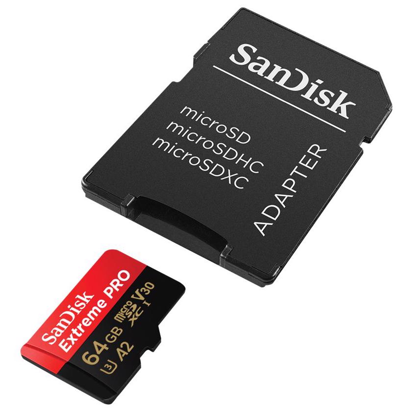A large main feature product image of SanDisk Extreme PRO microSDXC U3 V30 A2 UHS-I microSD Card - 64GB