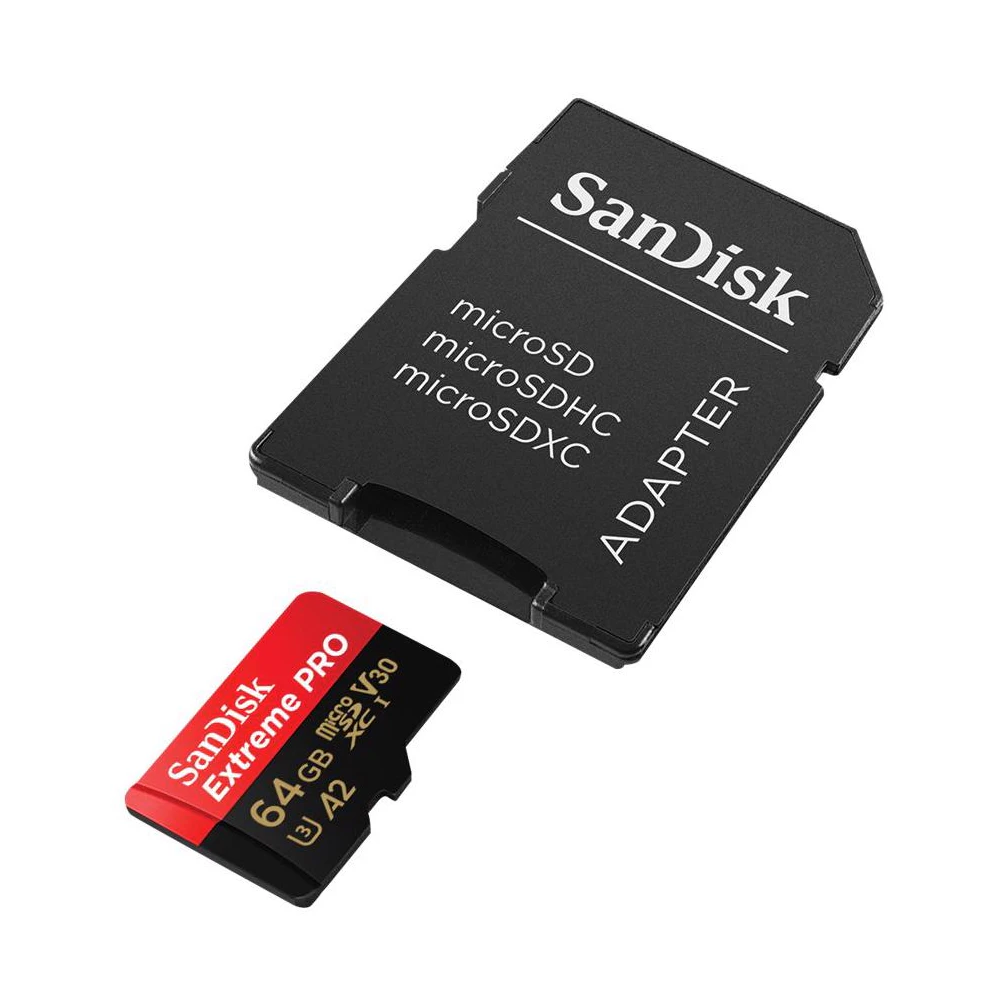 A large main feature product image of SanDisk Extreme PRO microSDXC U3 V30 A2 UHS-I microSD Card - 64GB
