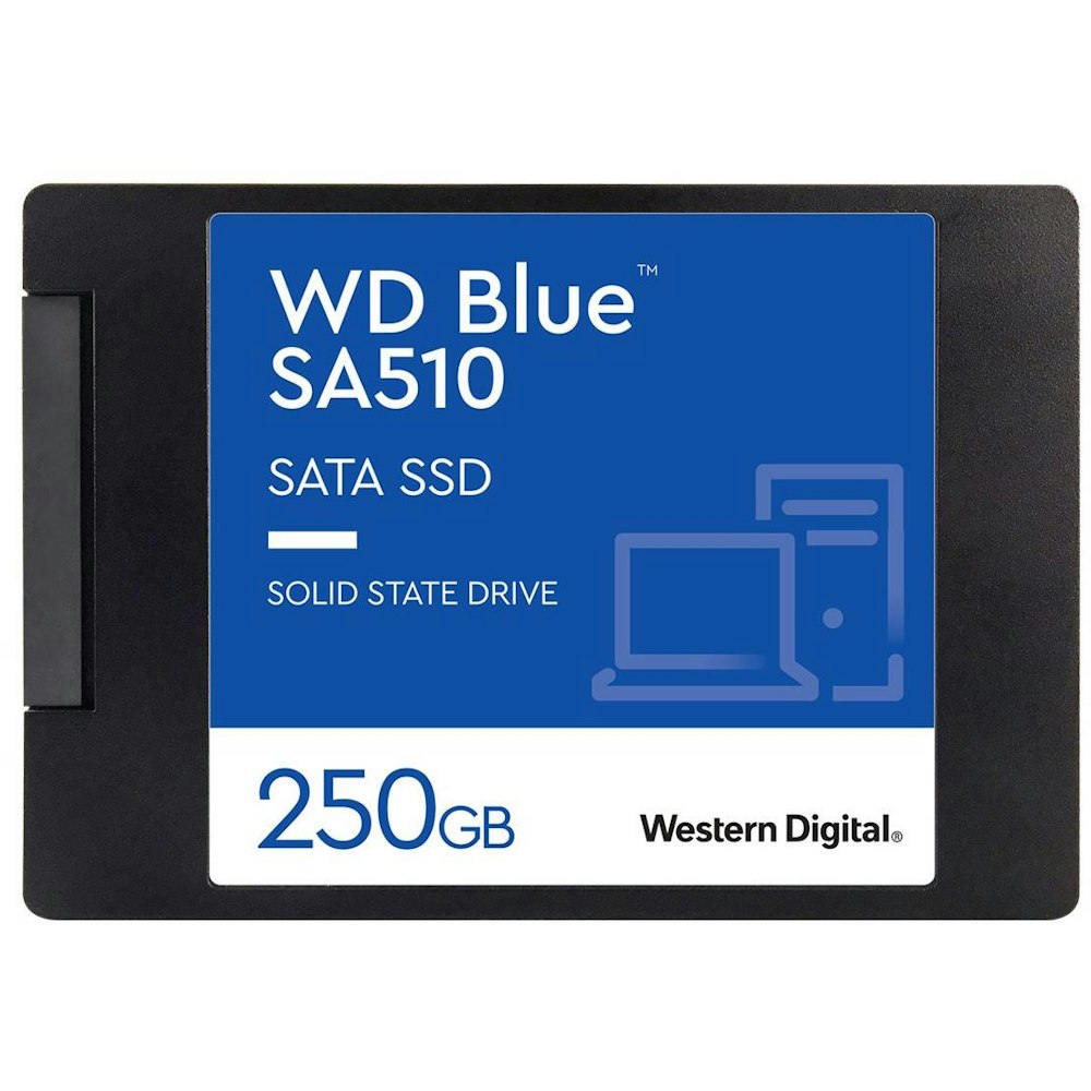 A large main feature product image of WD Blue SA510 SATA III 2.5" SSD - 250GB