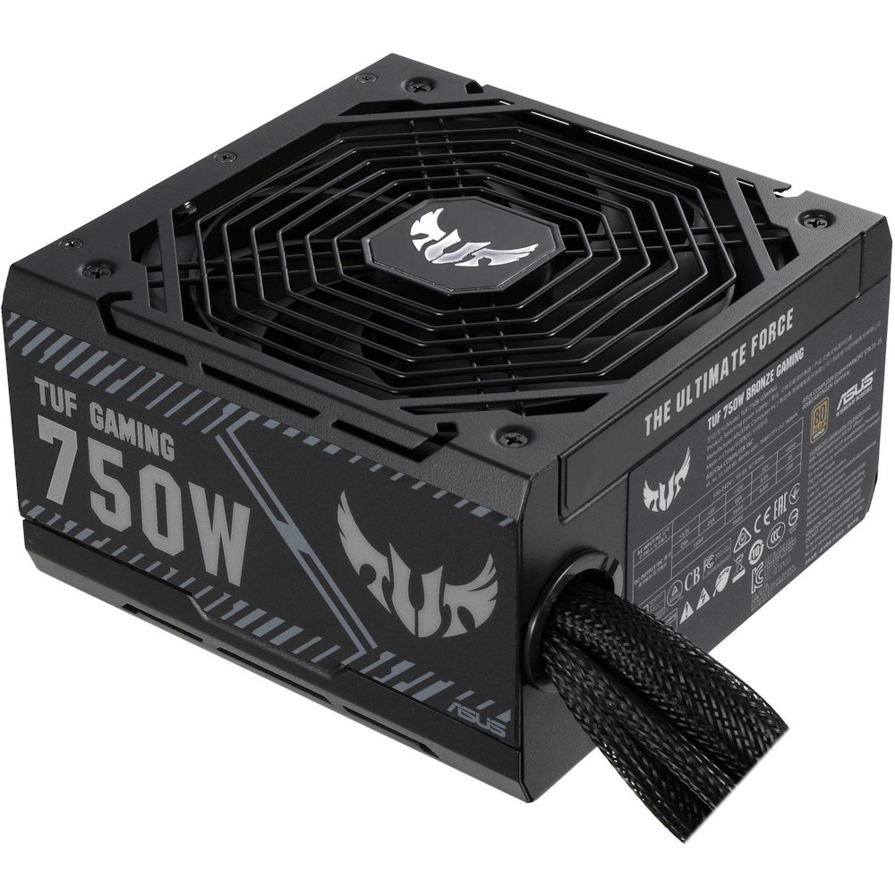 A large main feature product image of ASUS TUF Gaming 750W Bronze ATX PSU