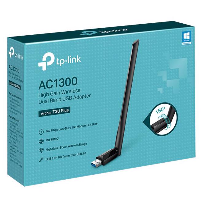 A large main feature product image of TP-Link Archer T3U Plus - AC1300 High Gain Dual-Band Wi-Fi 5 USB Adapter