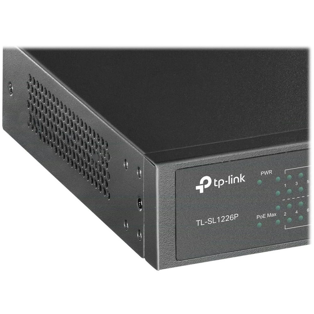 A large main feature product image of TP-Link SL1226P - 24-Port 10/100Mbps + 2-Port Gigabit Unmanaged PoE+ Switch