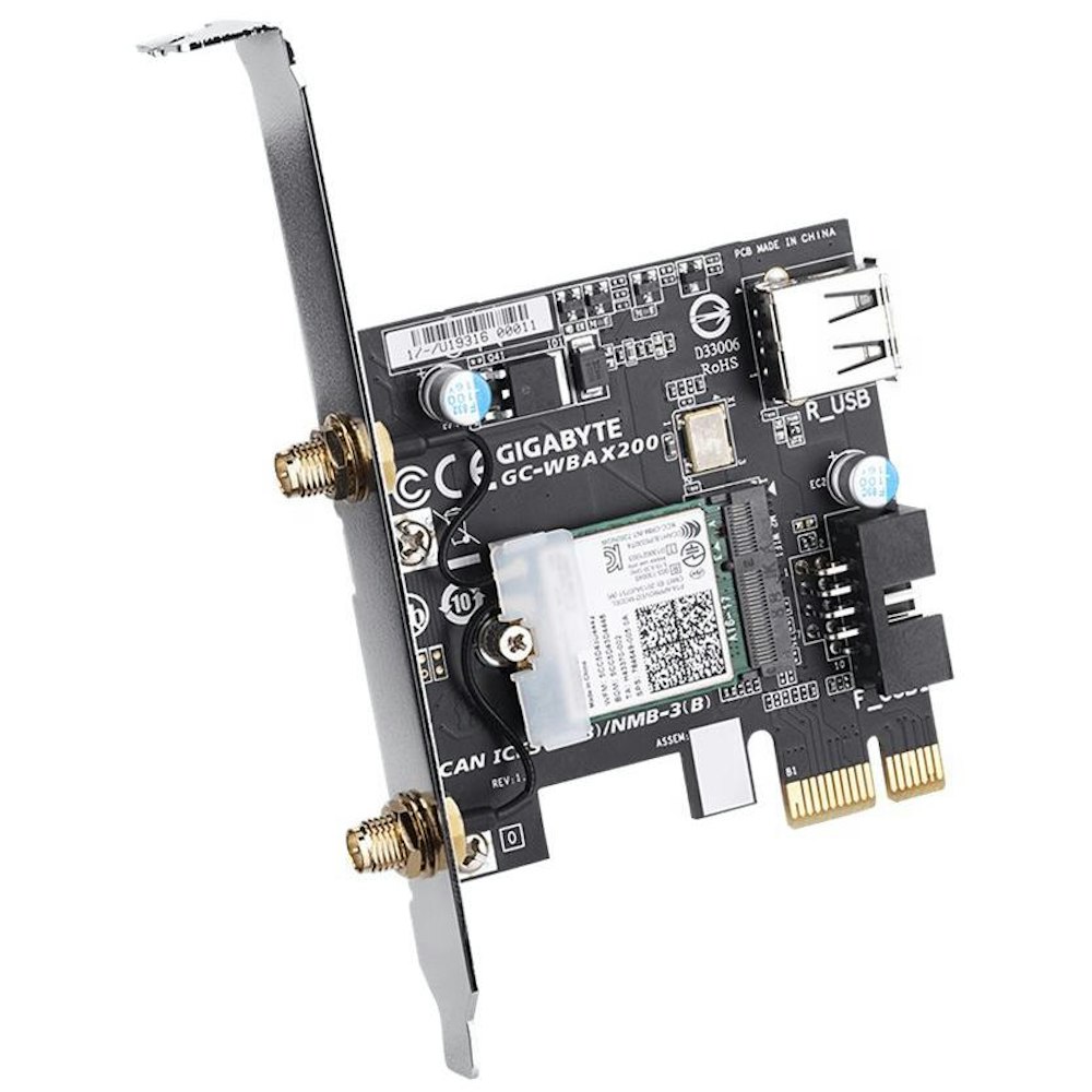 A large main feature product image of Gigabyte GC-WBAX200 AX200 Dual-Band  MU-MIMO Wi-Fi 6 Bluetooth 5.1 Wireless PCIe Adapter