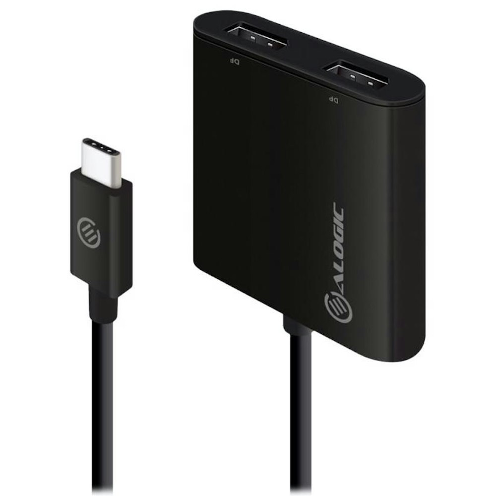 A large main feature product image of ALOGIC USB Type-C to Dual DisplayPort Adapter