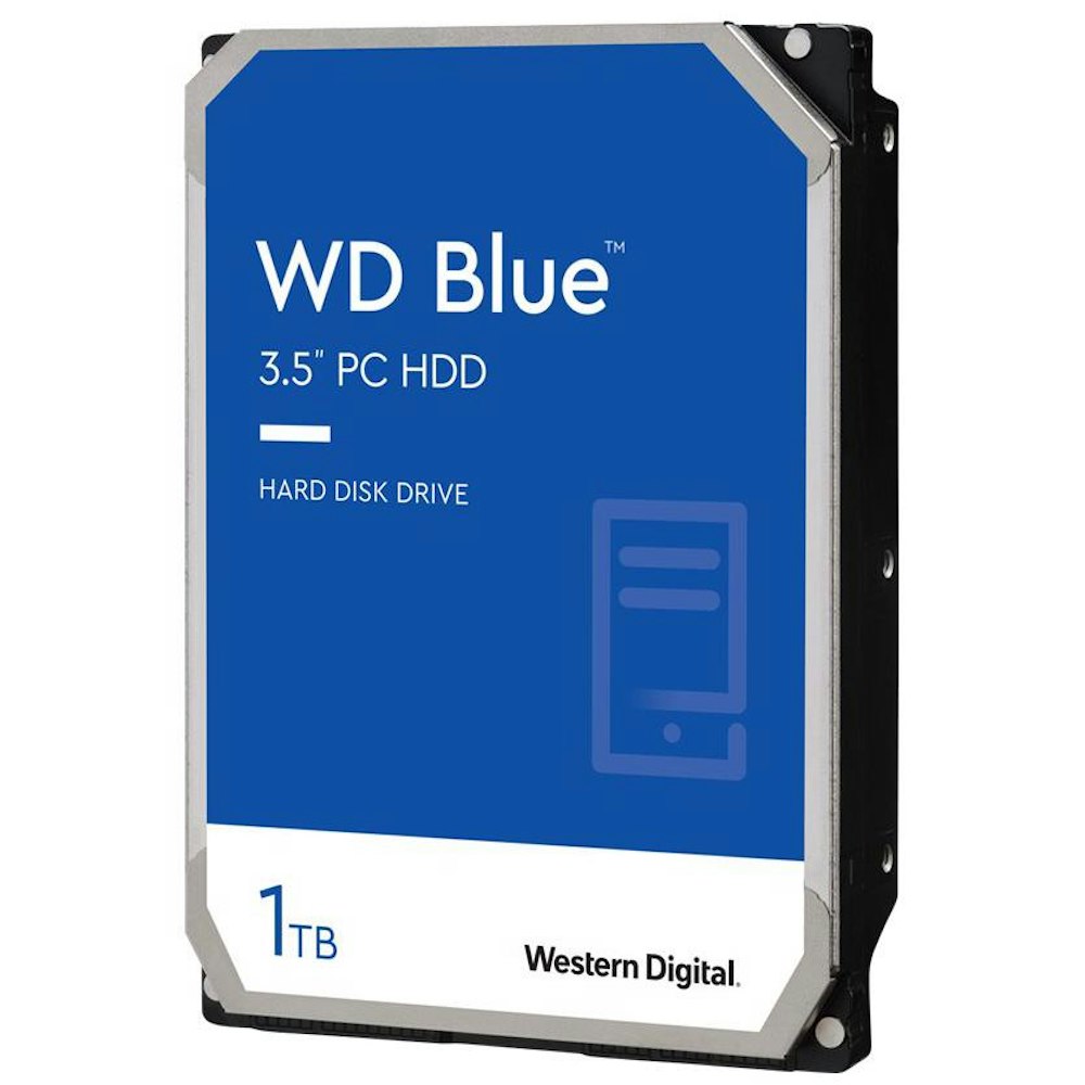 A large main feature product image of WD Blue 3.5" Desktop HDD - 1TB 64MB