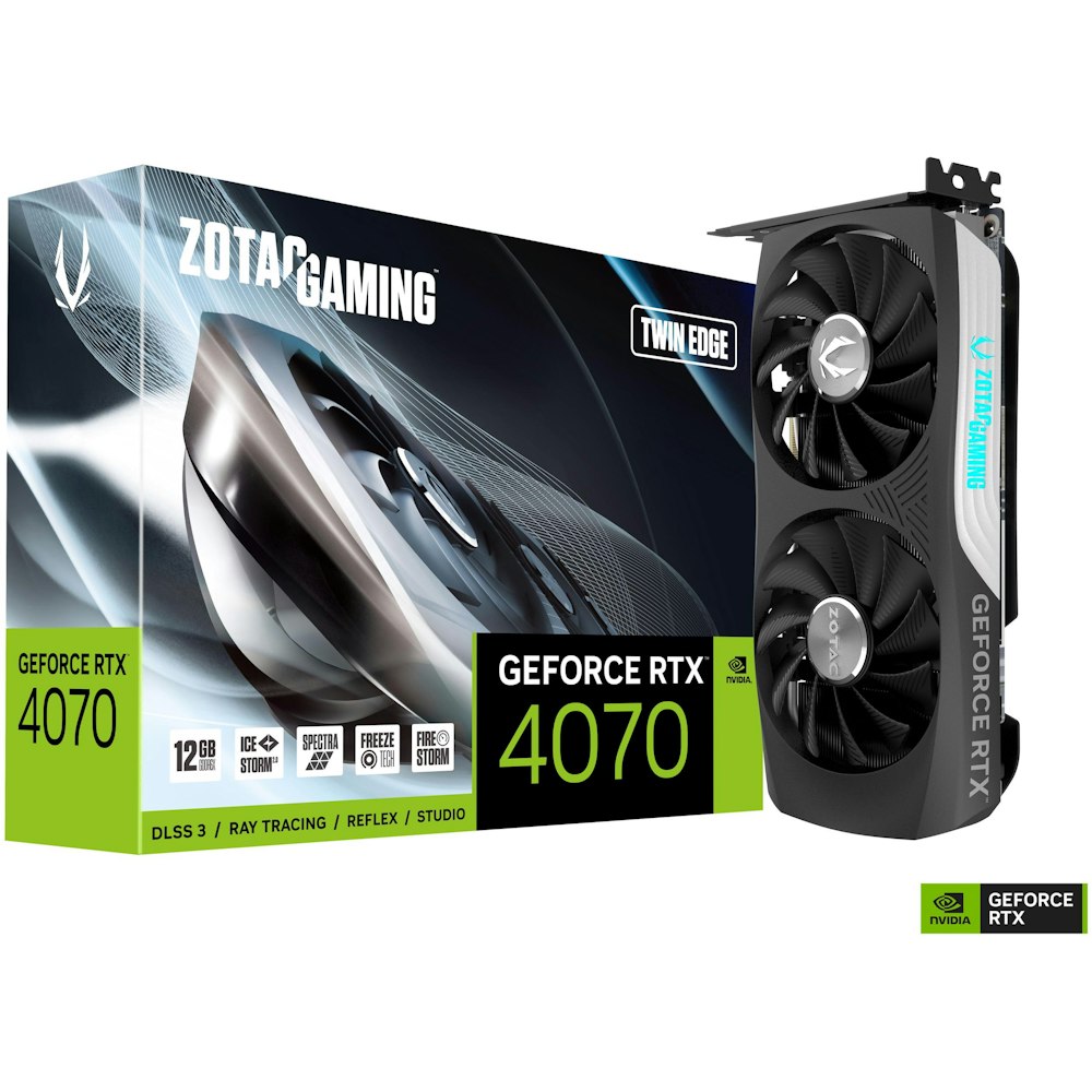 A large main feature product image of ZOTAC GAMING GeForce RTX 4070 Twin Edge OC 12GB GDDR6X