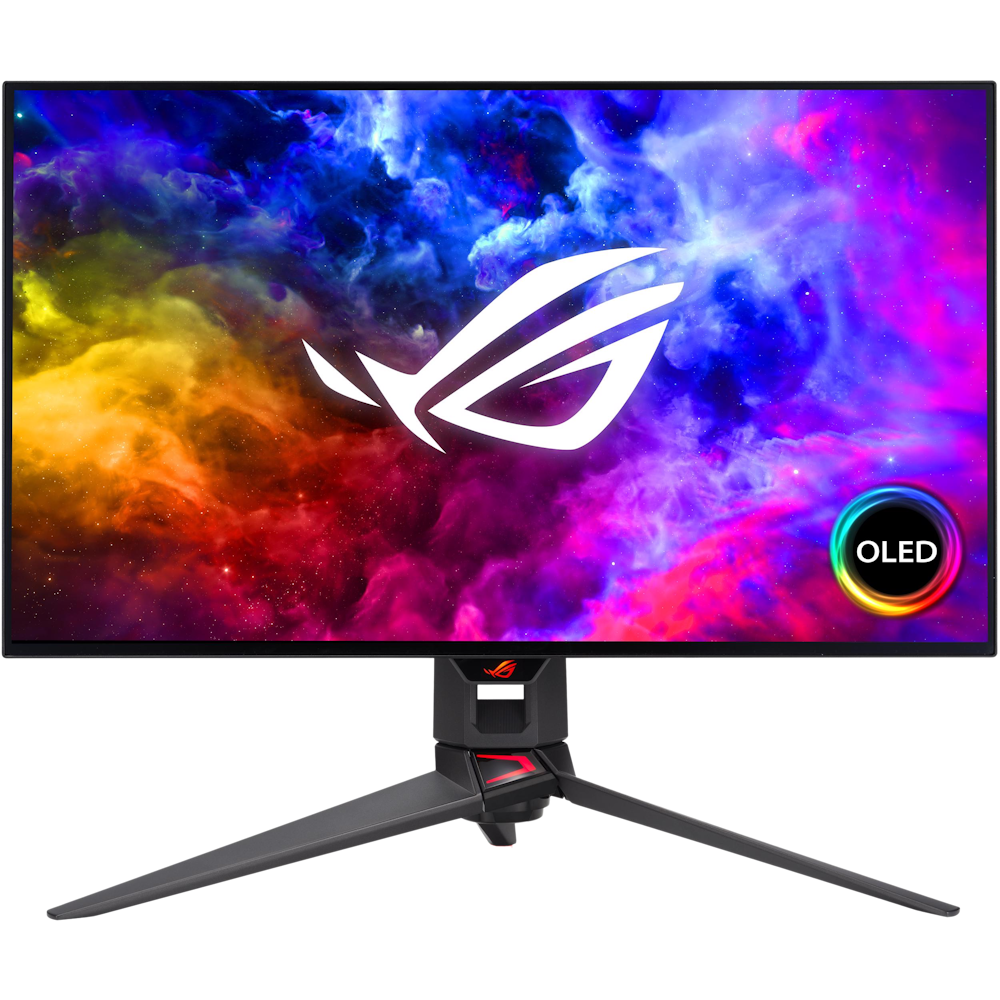 A large main feature product image of ASUS ROG Swift PG27AQDM - 27" 1440p 240Hz OLED Gaming Monitor