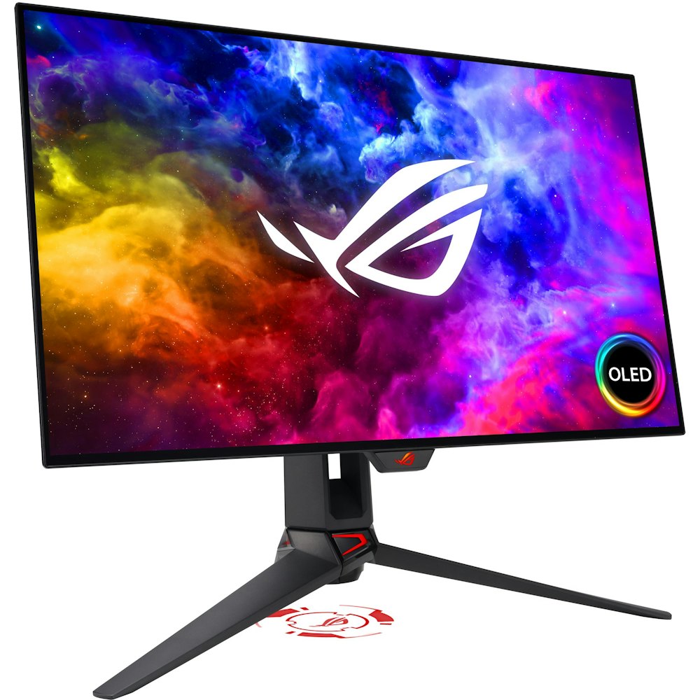 A large main feature product image of ASUS ROG Swift OLED PG27AQDM 27" QHD 240Hz OLED Monitor
