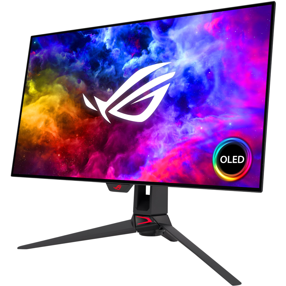 A large main feature product image of ASUS ROG Swift PG27AQDM - 27" 1440p 240Hz OLED Gaming Monitor