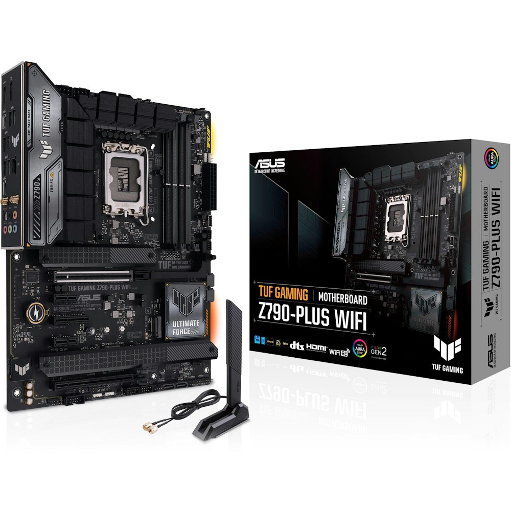 A large main feature product image of ASUS TUF Gaming Z790-Plus WiFi LGA1700 ATX Desktop Motherboard