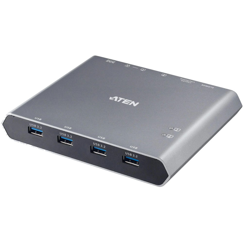 A large main feature product image of ATEN 2-Port 4K DisplayPort USB-C KVM Dock Switch