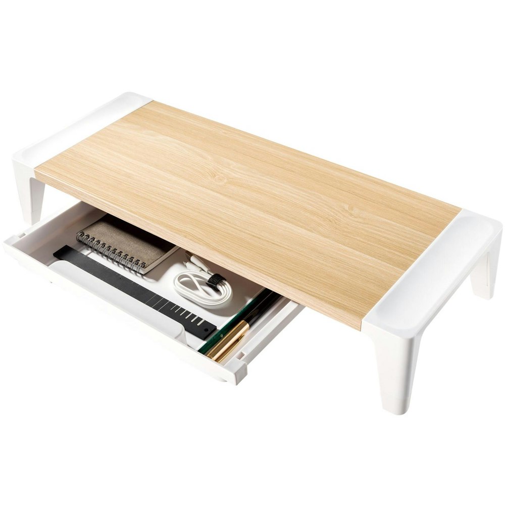 A large main feature product image of mBeat Activiva ErgoLife Monitor Stand Riser w/ Storage Drawer