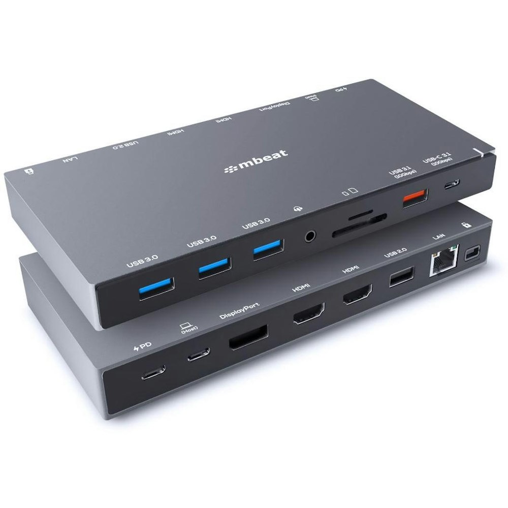 A large main feature product image of mBeat 15-in-1 USB-C Triple Display Dock