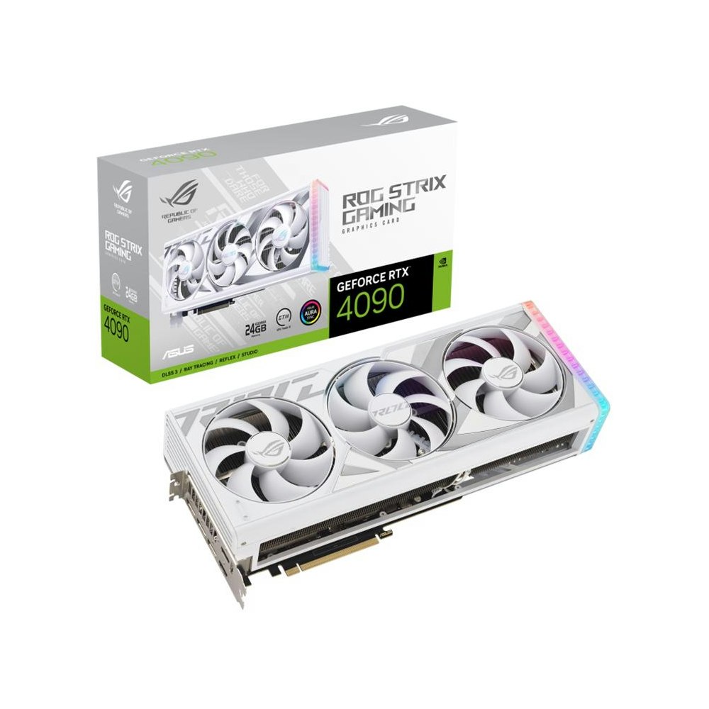 A large main feature product image of ASUS GeForce RTX 4090 ROG Strix 24GB GDDR6X - White