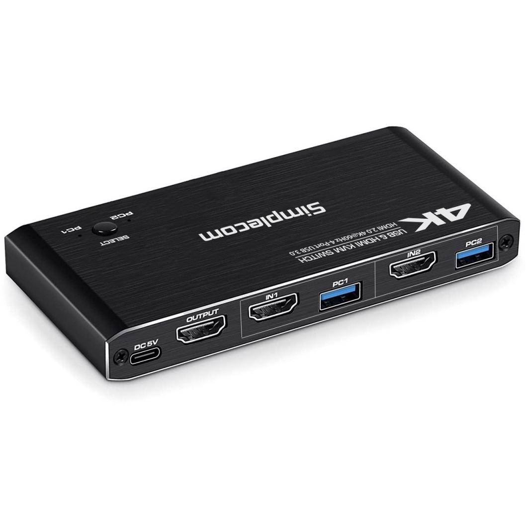 A large main feature product image of Simplecom KM420 2-Port HDMI 2.0 KVM Switch