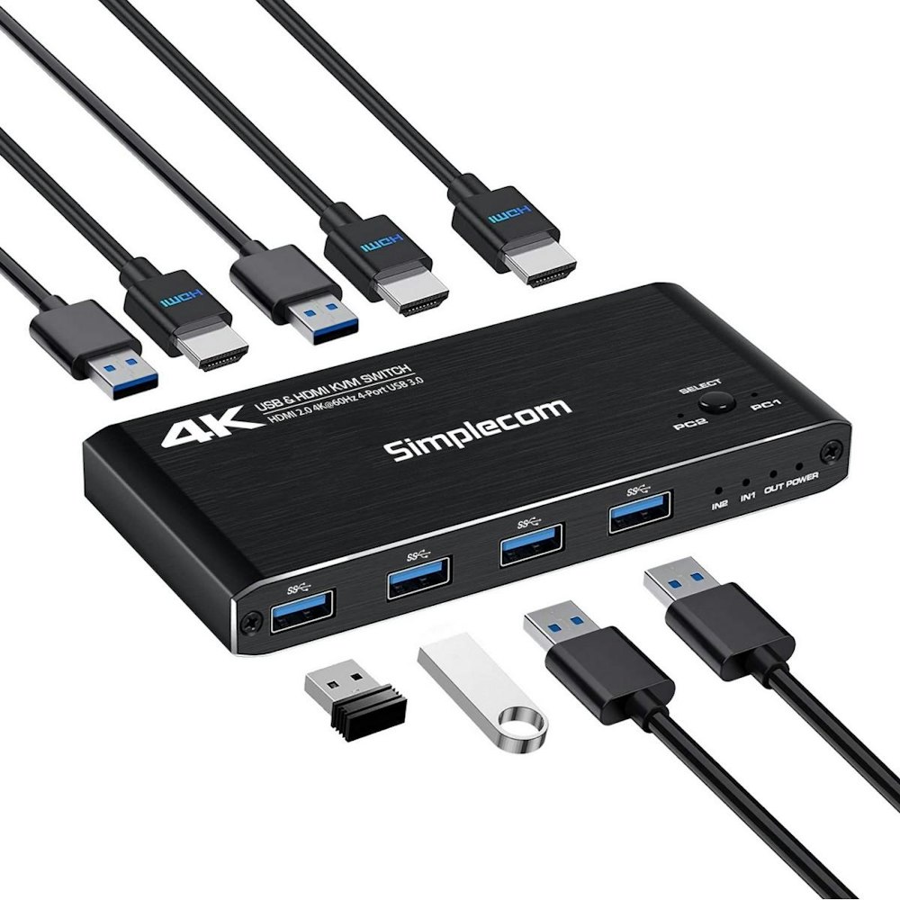 A large main feature product image of Simplecom KM420 2-Port HDMI 2.0 KVM Switch