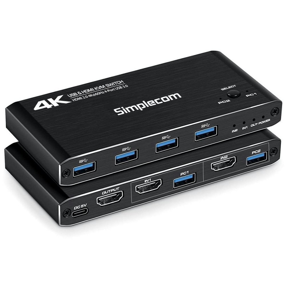 A large main feature product image of Simplecom KM420 2-Port HDMI 2.0 KVM Switch