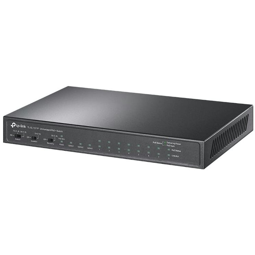 A large main feature product image of TP-Link SL1311P - 8-Port 10/100Mbps + 3-Port Gigabit Desktop Switch with 8-Port PoE+