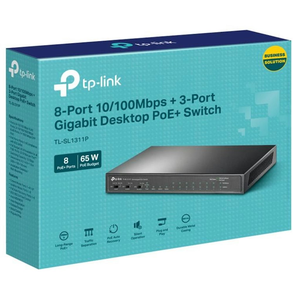 A large main feature product image of TP-Link SL1311P - 8-Port 10/100Mbps + 3-Port Gigabit Desktop Switch with 8-Port PoE+