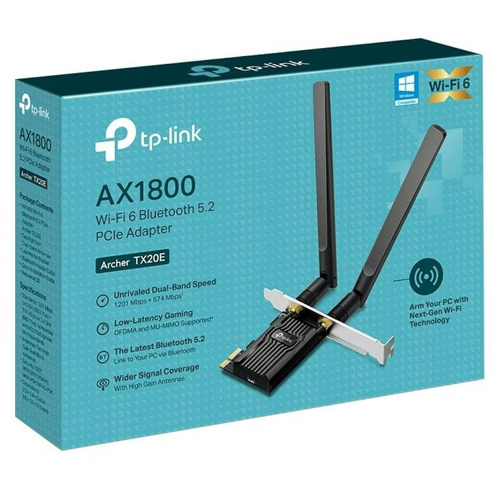 A large main feature product image of TP-Link Archer TX20E - AX1800 Dual-Band Wi-Fi 6 Bluetooth 5.2 PCIe Adapter