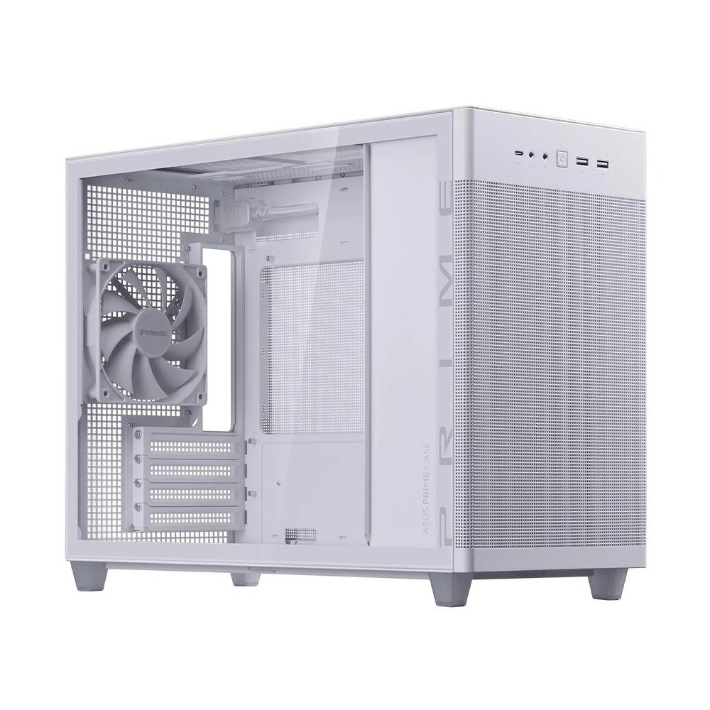A large main feature product image of ASUS Prime AP201 TG Micro Tower Case - White