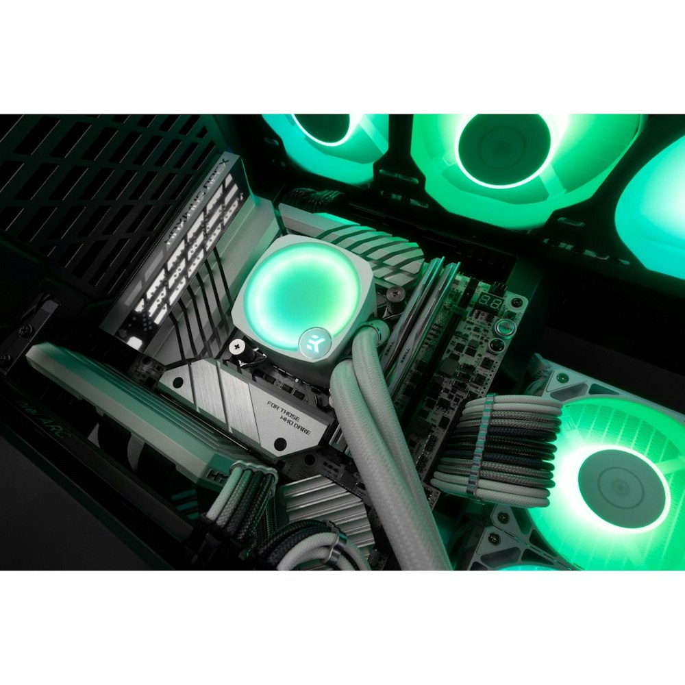 A large main feature product image of EK Nucleus 360mm Lux D-RGB AIO Liquid CPU Cooler - White