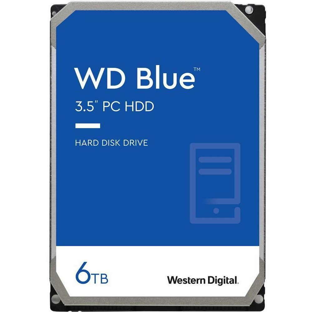 A large main feature product image of WD Blue 3.5" Desktop HDD - 6TB 256MB