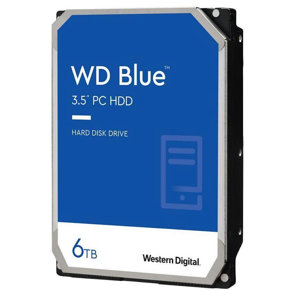 A large main feature product image of WD Blue 3.5" Desktop HDD - 6TB 256MB
