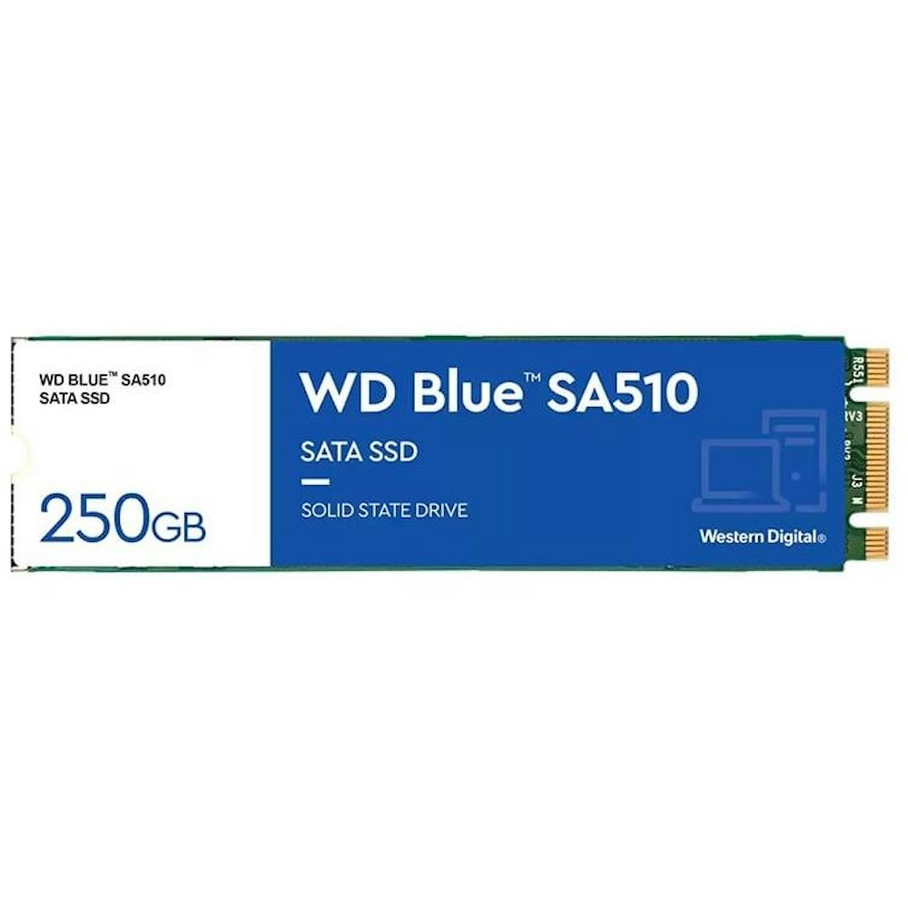 A large main feature product image of WD Blue SA510 SATA III M.2 SSD - 250GB