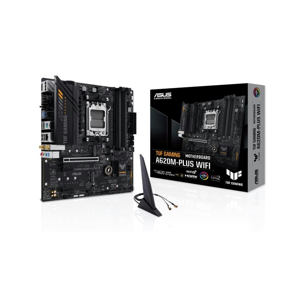 A large main feature product image of ASUS TUF Gaming A620M-Plus AM5 WiFi mATX Desktop Motherboard