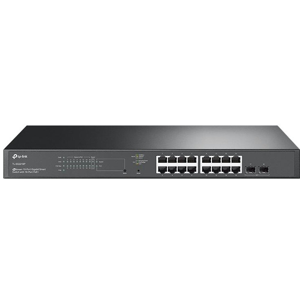 A large main feature product image of TP-Link JetStream SG2218P - 18-Port Gigabit Smart Switch with 16-Port PoE+
