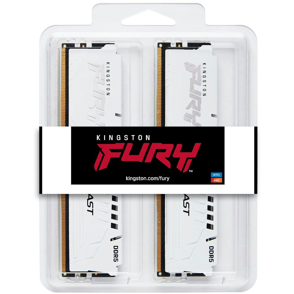 A large main feature product image of Kingston 32GB Kit (2x16GB) DDR5 Fury Beast AMD EXPO C36 5200MHz - White