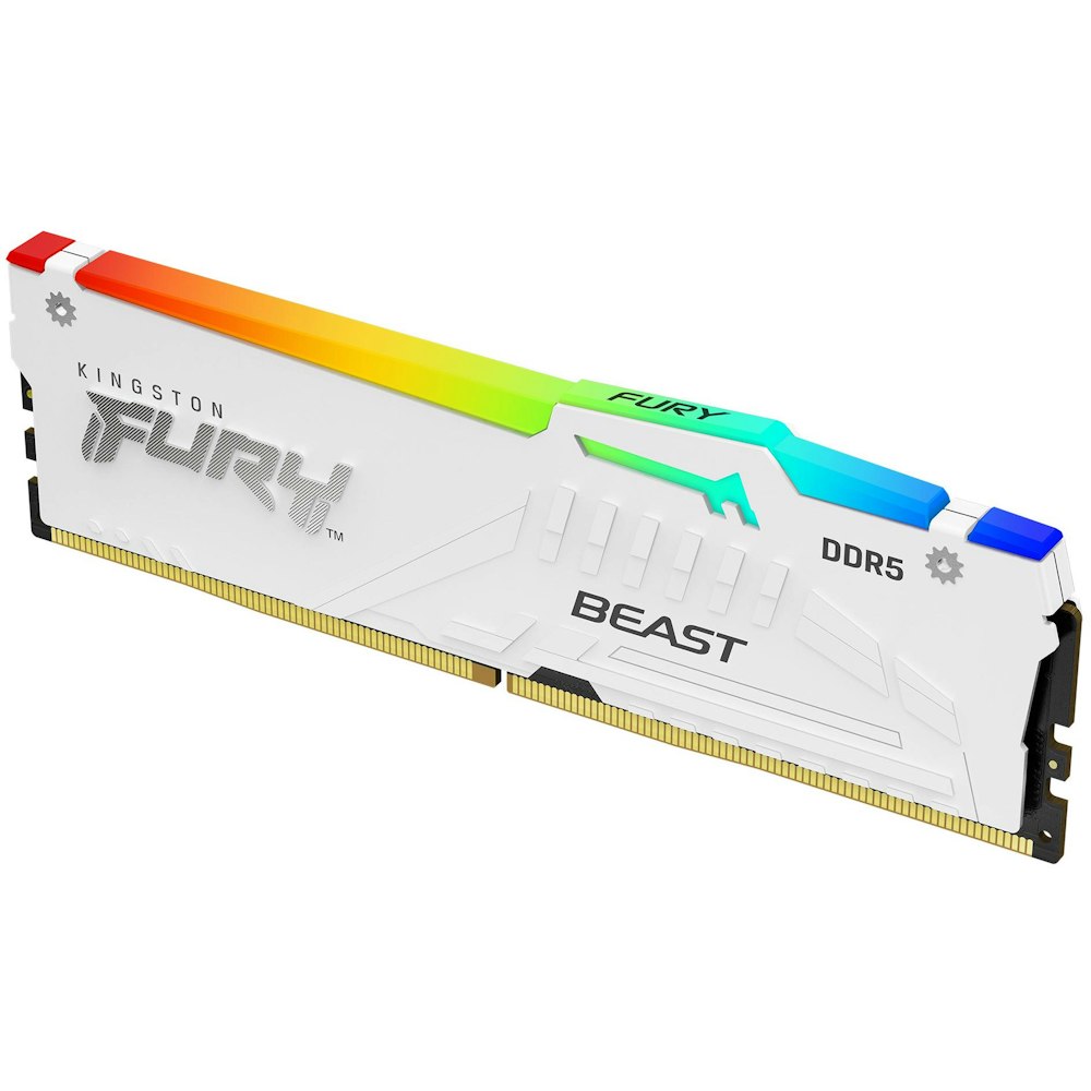 A large main feature product image of Kingston 32GB Kit (2x16GB) DDR5 Fury Beast RGB AMD EXPO C36 5200MHz - White