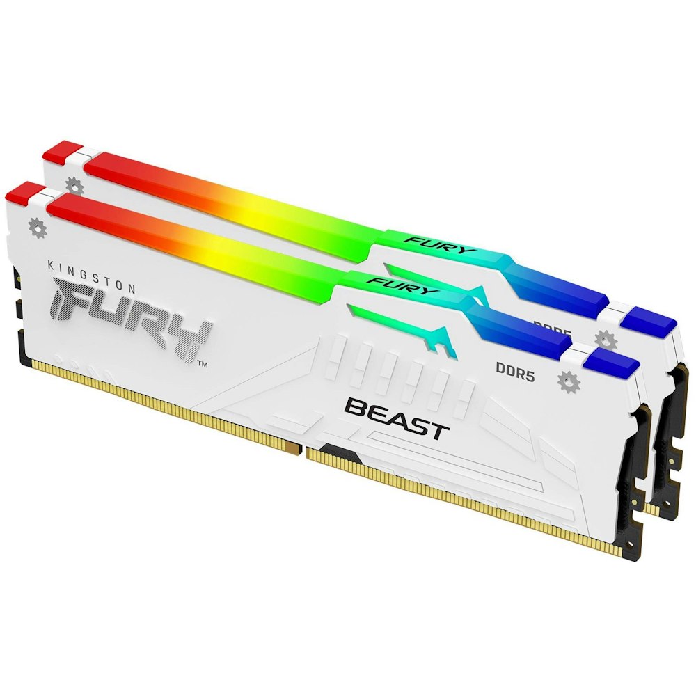 A large main feature product image of Kingston 32GB Kit (2x16GB) DDR5 Fury Beast RGB AMD EXPO C36 5200MHz - White