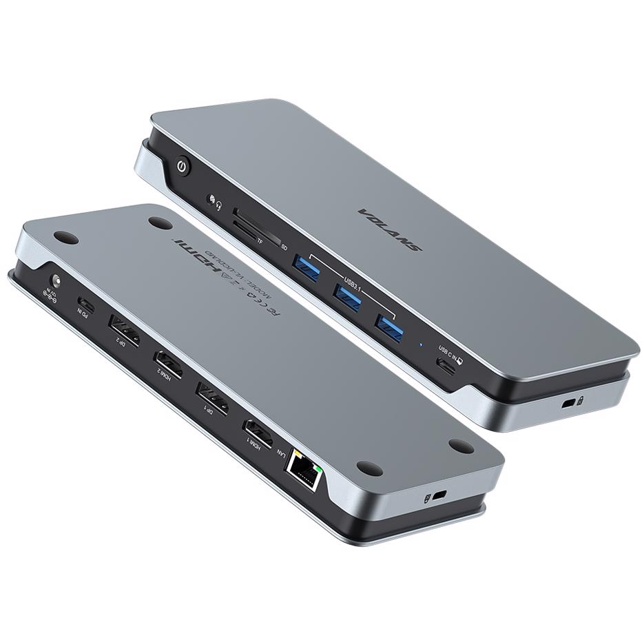 A large main feature product image of Volans Aluminium 14-in-1 Quadruple 4K Display Multifunctional USB Type-C Docking Station