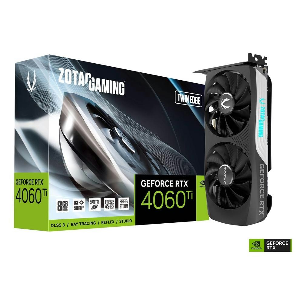A large main feature product image of ZOTAC GAMING GeForce RTX 4060 Ti Twin Edge 8GB GDDR6 