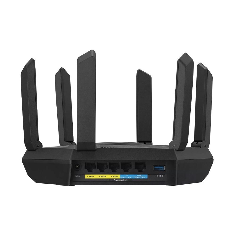 A large main feature product image of ASUS RT-AXE7800 Tri-band WiFi 6E 802.11ax Router
