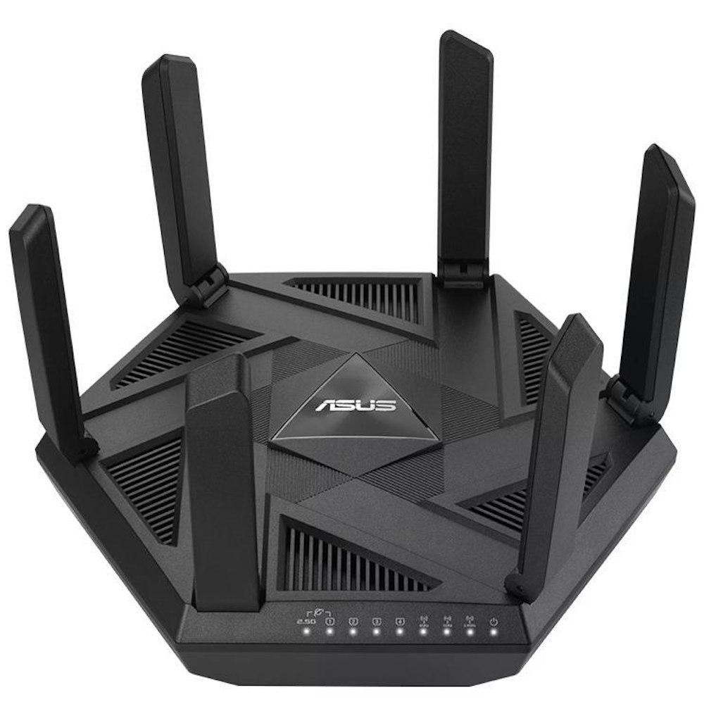 A large main feature product image of ASUS RT-AXE7800 Tri-band WiFi 6E 802.11ax Router