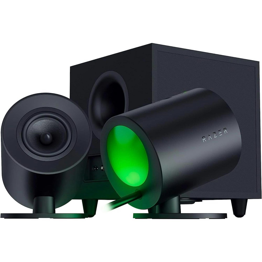 A large main feature product image of Razer Nommo V2 - Full-Range 2.1 PC Gaming Speakers with Wired Subwoofer 