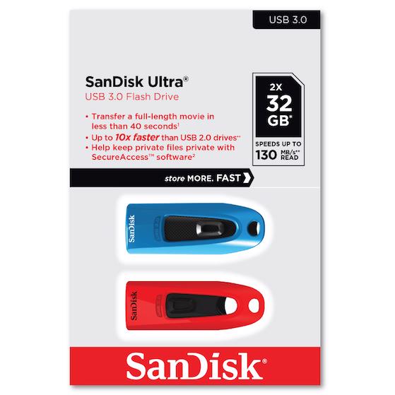 A large main feature product image of SanDisk Ultra 32GB USB 3.0 Flash Drive Dual Pack - Blue + Red